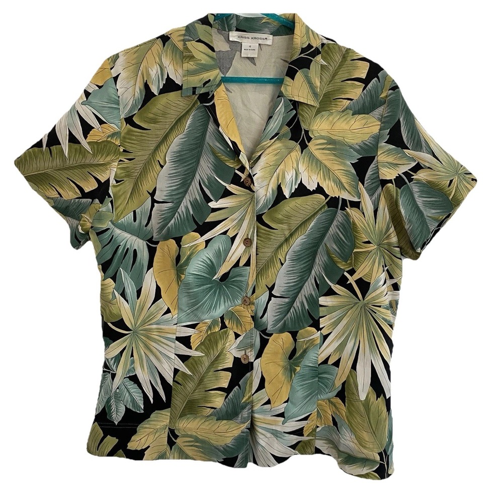 Kriss Kross Women 12 Buttons Shirt Green Tropical Palm Leaf 100% Silk Short Slv